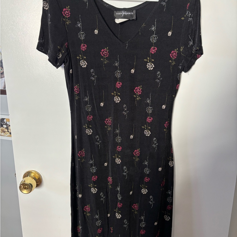 John Robert’s Black and Pink Floral Midi Dress Fairy Bohemian Cottagecore